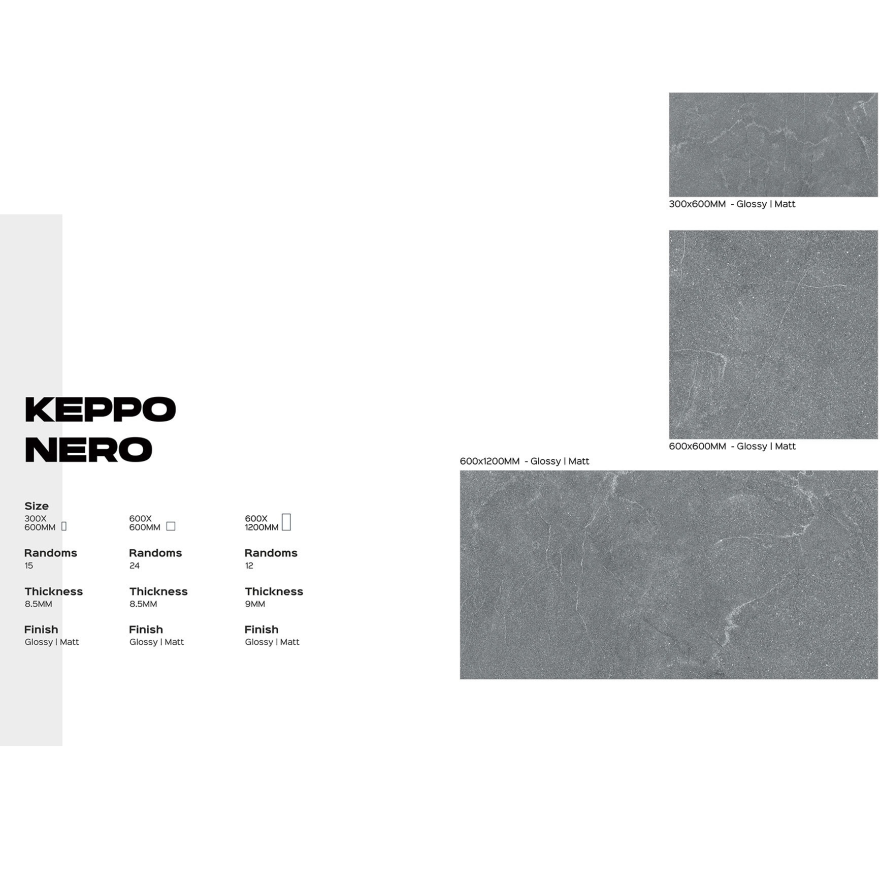 Keppo Nero läikiv või matt keraamiline plaat