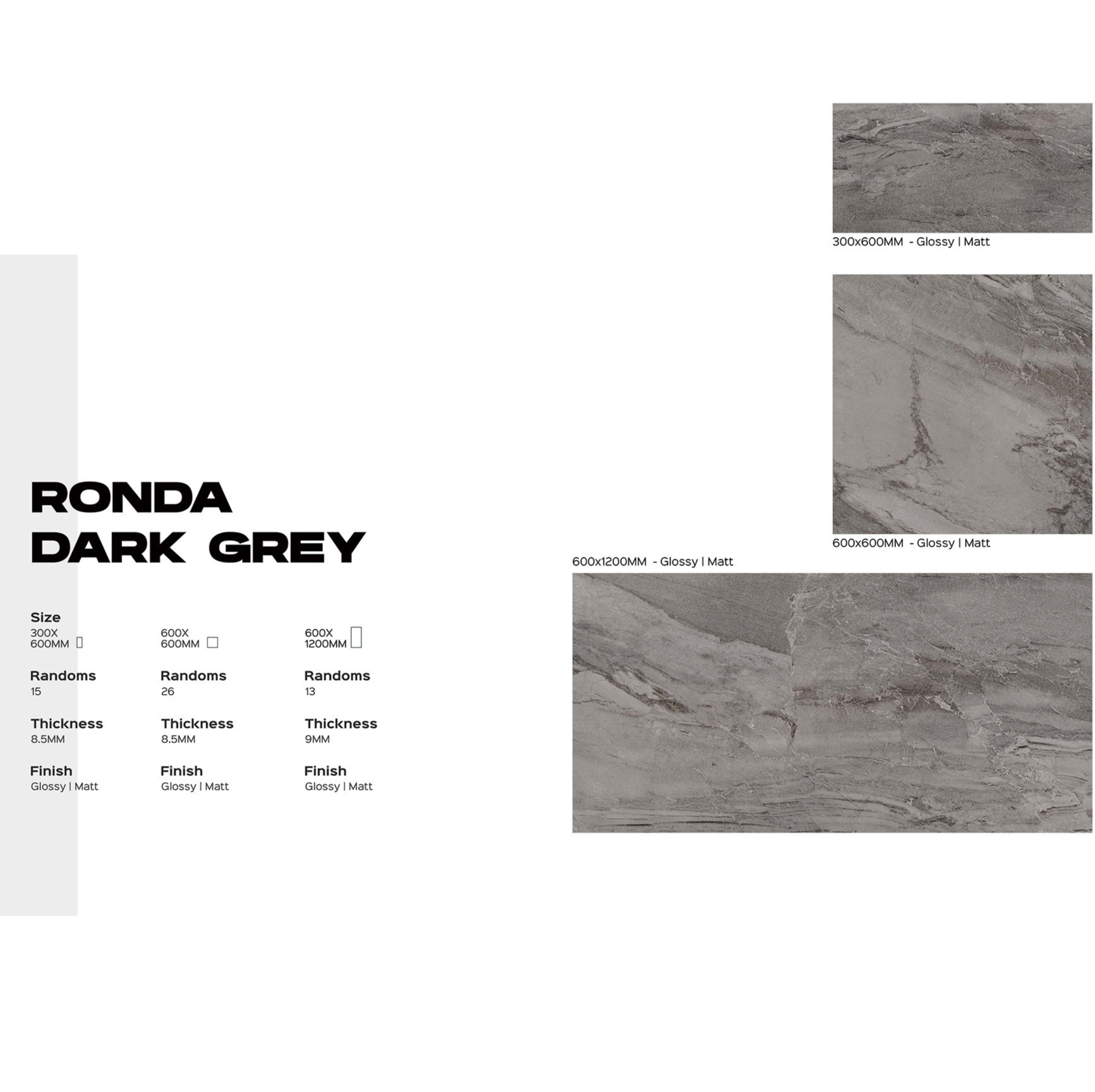 Ronda Dark Grey läikiv või matt keraamiline plaat