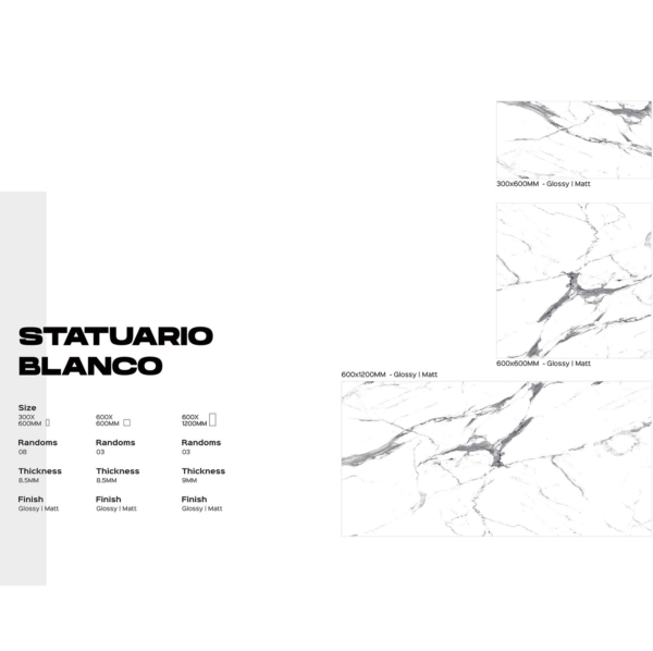 Statuario Blanco läikiv või matt keraamiline plaat