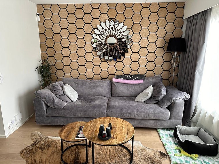 Naturaalne tamm kuusnurk akustilised seinapaneelid 620x760mm