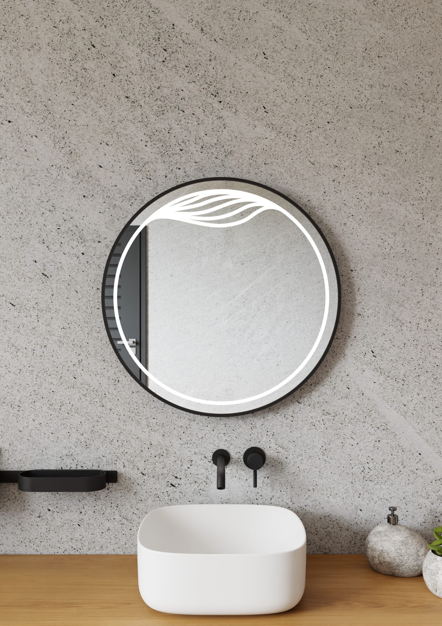 Ümmargune LED-peegel Maya 70x70cm musta harjatud alumiiniumraamiga